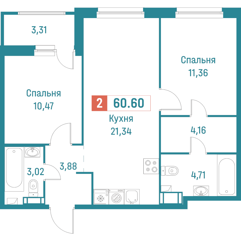 3-комнатная (Евро) квартира, 60.6 м² в ЖК "Графика" - планировка, фото №1