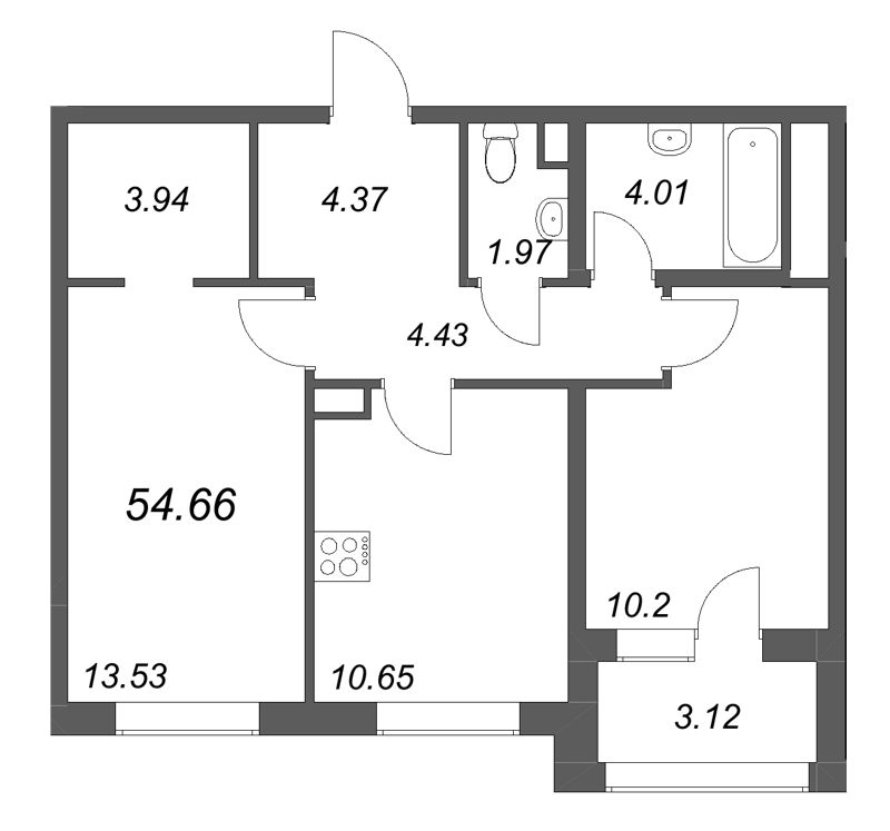 2-комнатная квартира, 54.66 м² в ЖК "Тишин" - планировка, фото №1