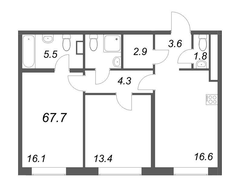 3-комнатная (Евро) квартира, 67.7 м² в ЖК "Визионер" - планировка, фото №1