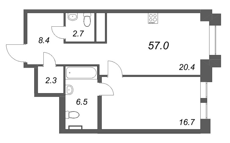 2-комнатная (Евро) квартира, 57 м² в ЖК "Коллекционер" - планировка, фото №1