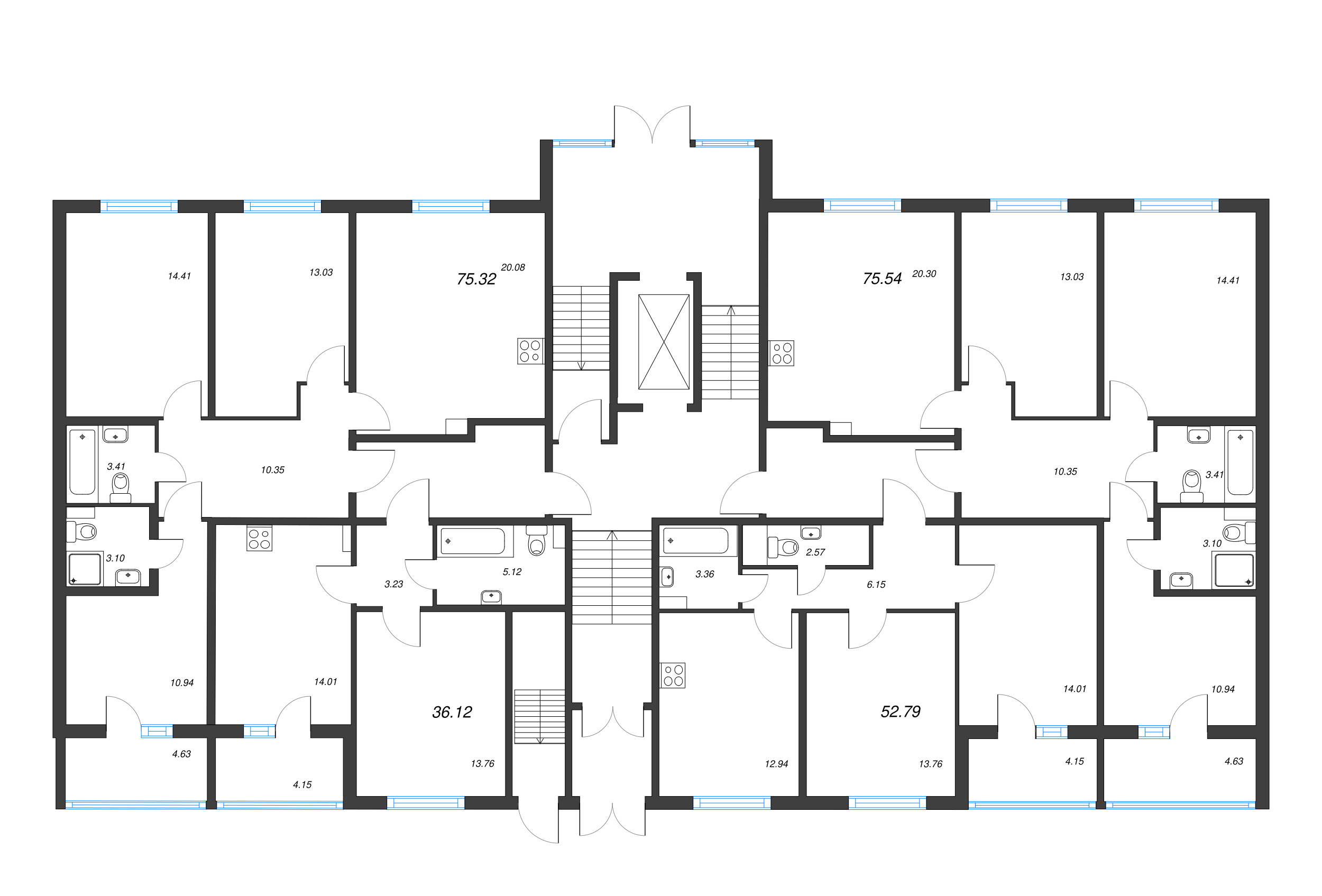 4-комнатная (Евро) квартира, 75.54 м² - планировка этажа