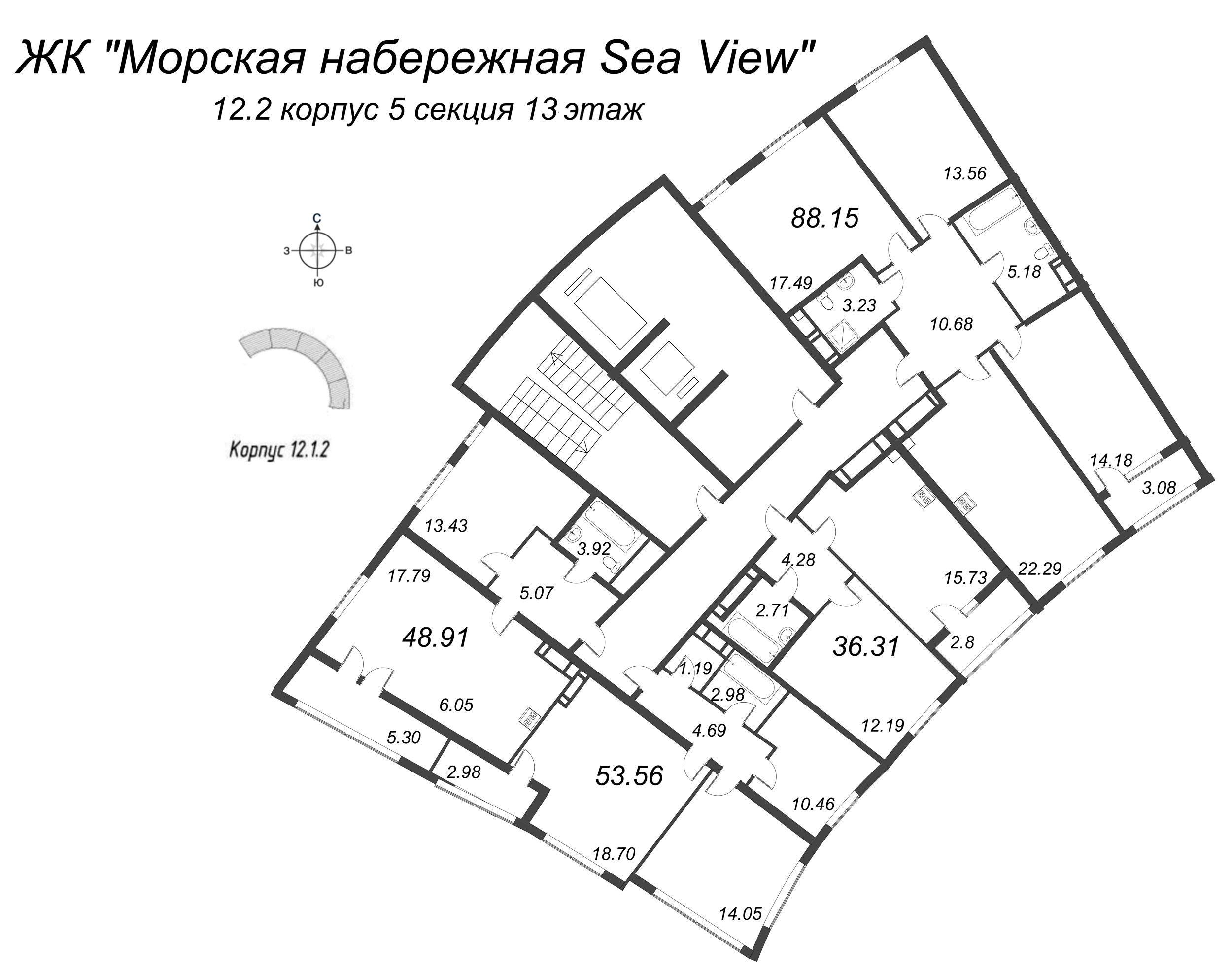 3-комнатная (Евро) квартира, 88.15 м² - планировка этажа