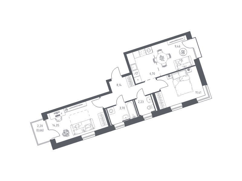 3-комнатная (Евро) квартира, 56.35 м² в ЖК "Живи! В Рыбацком" - планировка, фото №1
