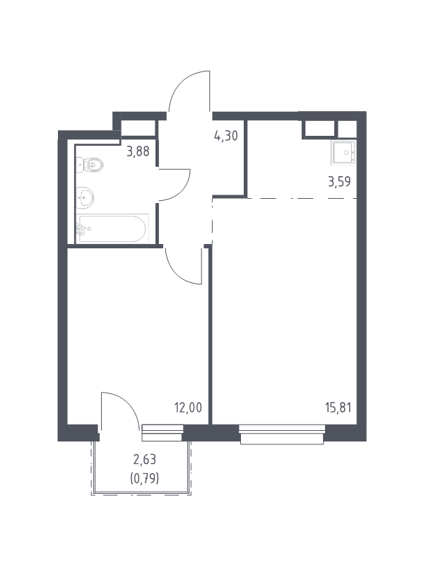 2-комнатная (Евро) квартира, 40.37 м² - планировка, фото №1