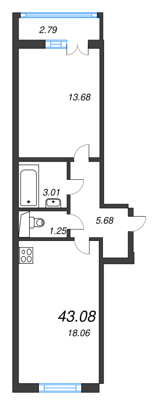 2-комнатная (Евро) квартира, 44.2 м² в ЖК "AEROCITY" - планировка, фото №1