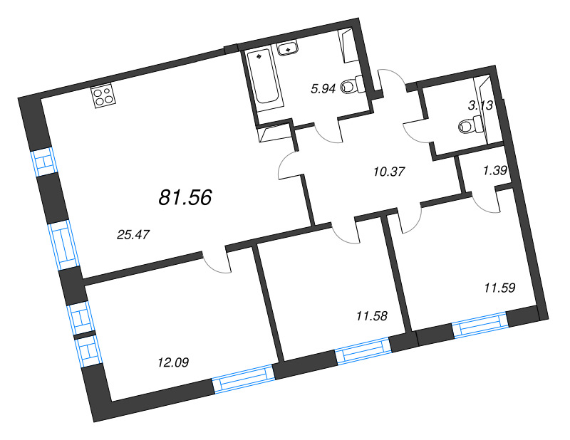 4-комнатная (Евро) квартира, 81.56 м² в ЖК "Бульвар Грина" - планировка, фото №1