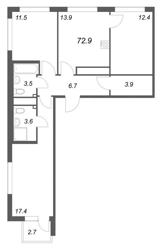 3-комнатная квартира, 72.9 м² в ЖК "Гений" - планировка, фото №1