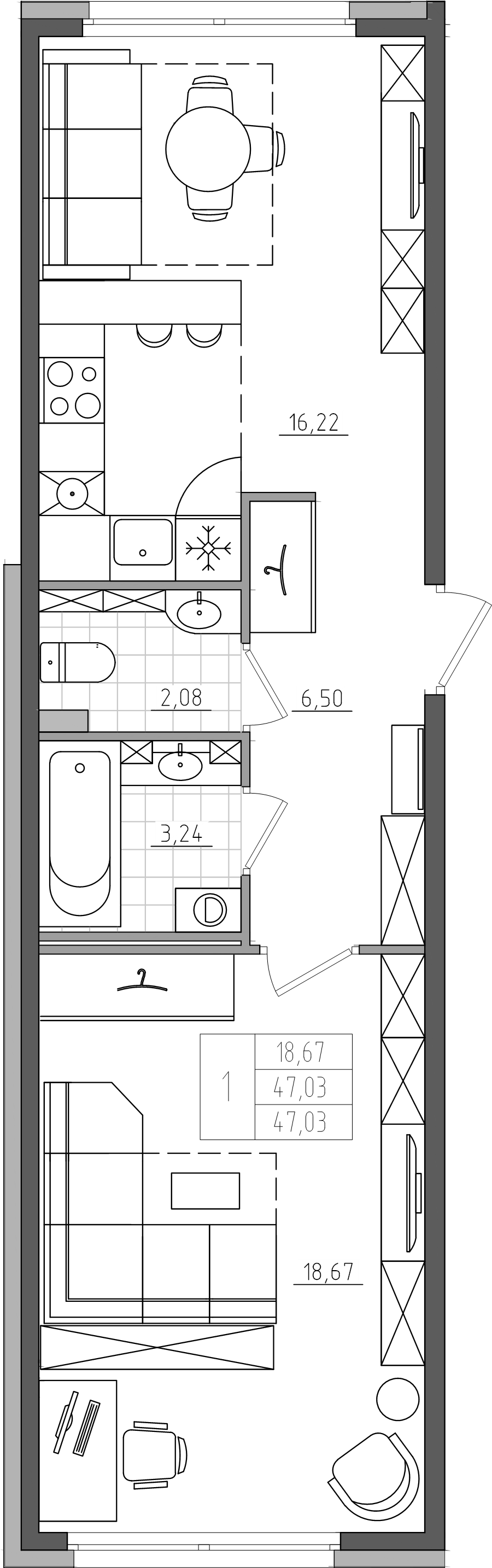 2-комнатная (Евро) квартира, 47.03 м² - планировка, фото №1