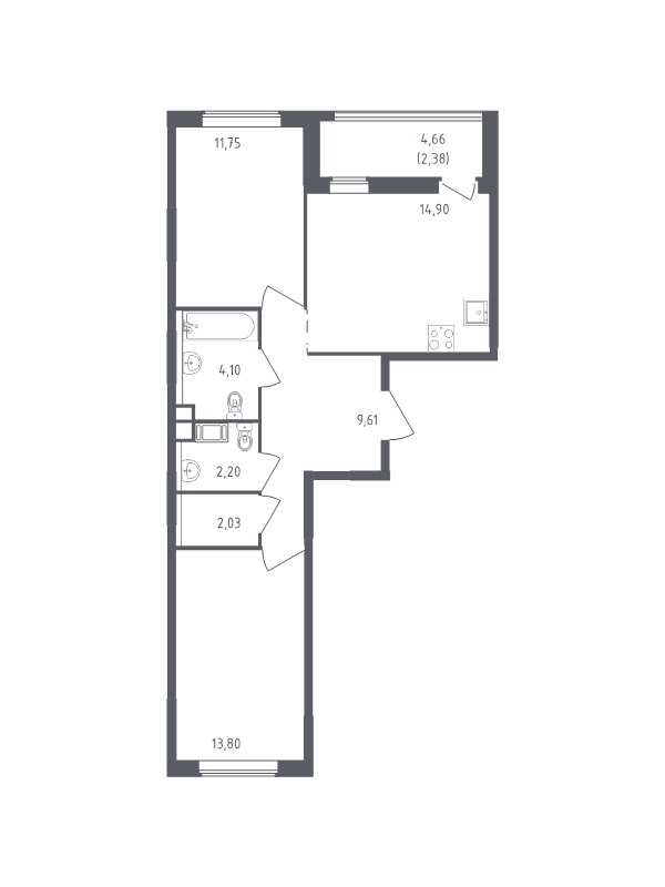 2-комнатная квартира, 60.77 м² в ЖК "Южная Нева" - планировка, фото №1
