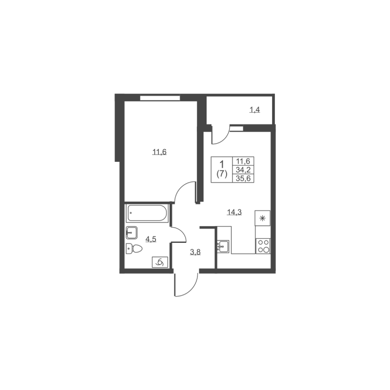 1-комнатная квартира, 35.6 м² в ЖК "Ермак" - планировка, фото №1