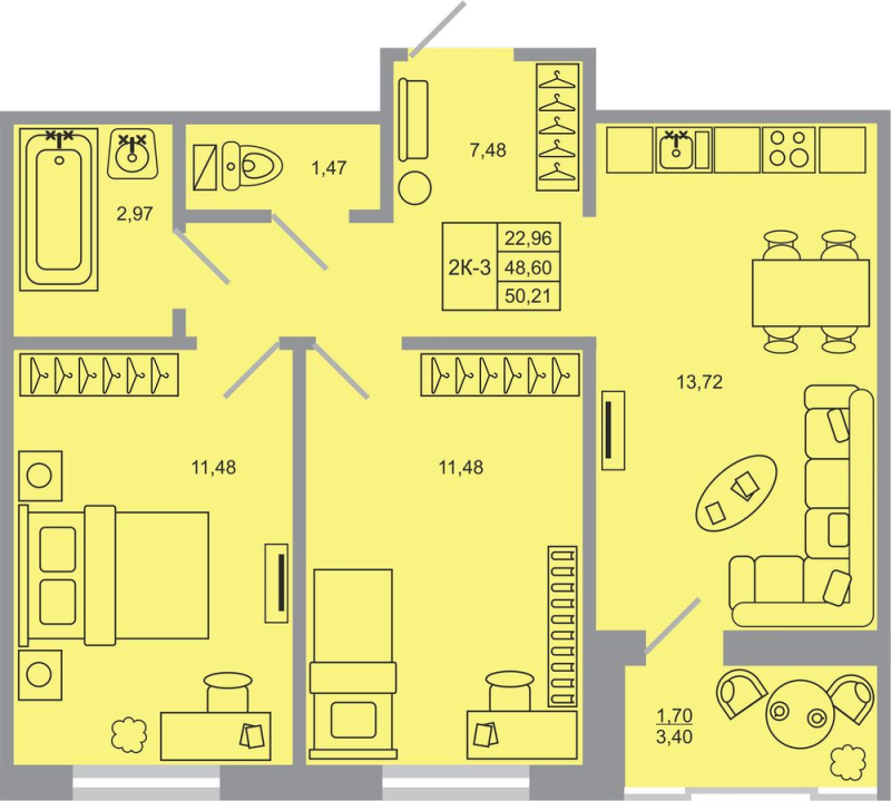 2-комнатная квартира, 50.21 м² - планировка, фото №1