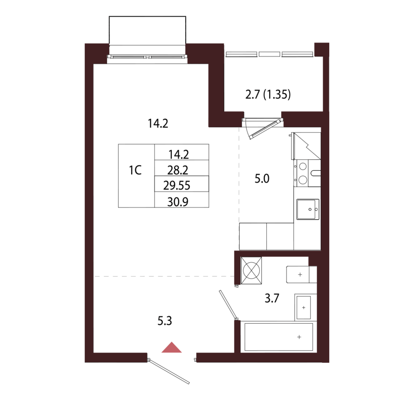 Квартира-студия, 29.55 м² в ЖК "Лисино" - планировка, фото №1