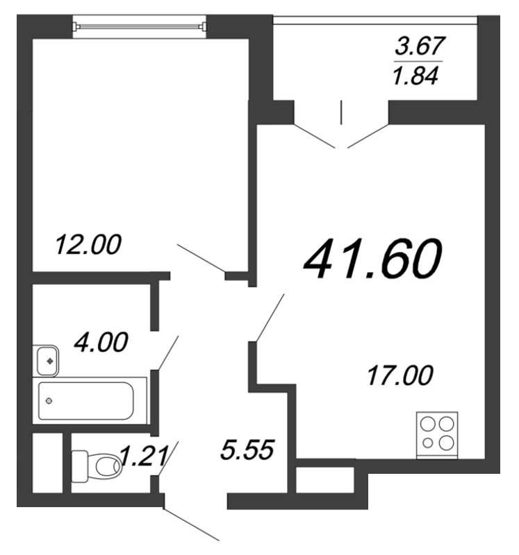 2-комнатная (Евро) квартира, 42.1 м² - планировка, фото №1