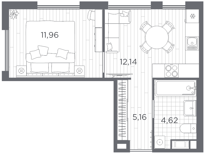 1-комнатная квартира, 33.88 м² - планировка, фото №1