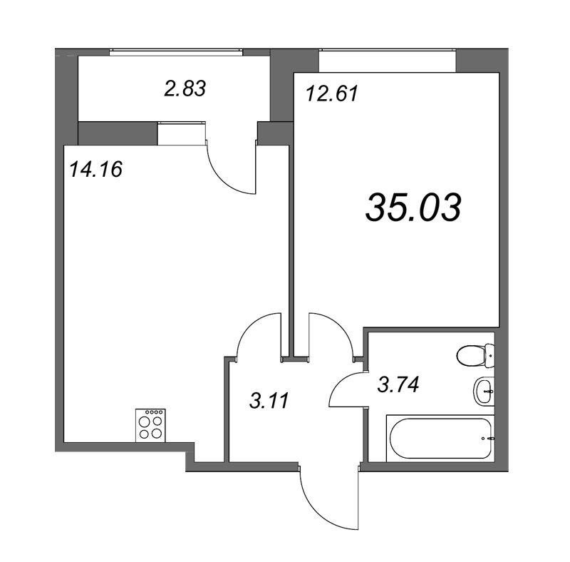 2-комнатная (Евро) квартира, 34.7 м² в ЖК "FoRest Аквилон" - планировка, фото №1