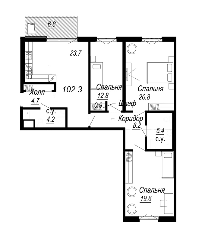 4-комнатная (Евро) квартира, 107.63 м² - планировка, фото №1