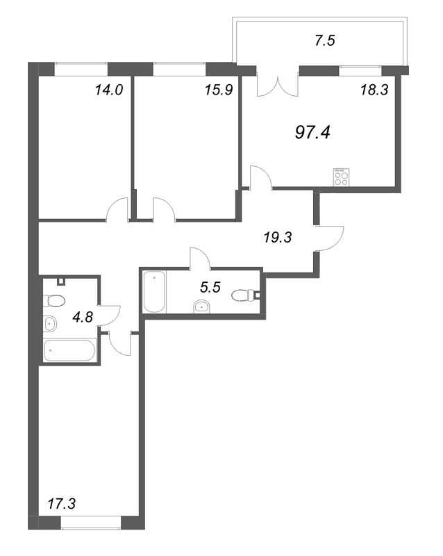 4-комнатная (Евро) квартира, 97.4 м² - планировка, фото №1