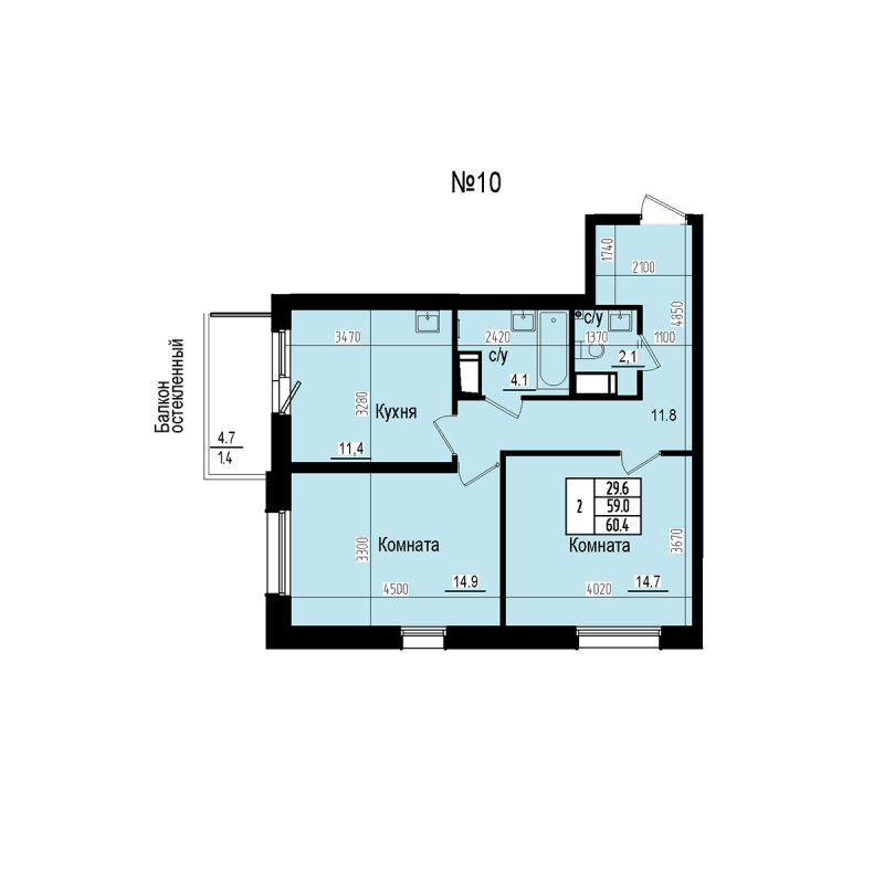 2-комнатная квартира, 60.4 м² в ЖК "ПРАГМА СИТИ" - планировка, фото №1