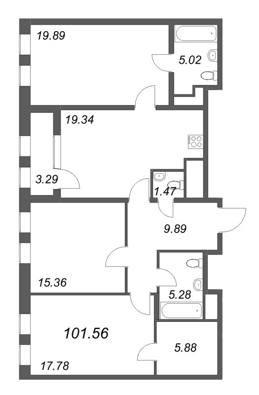 2-комнатная квартира, 101.56 м² - планировка, фото №1