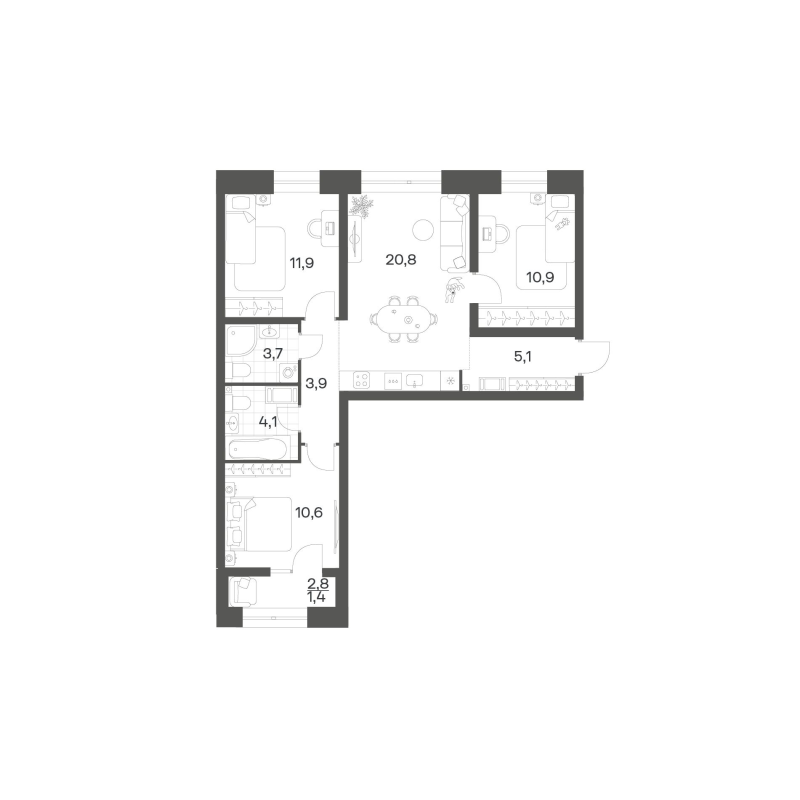 4-комнатная (Евро) квартира, 72.08 м² в ЖК "Новый Питер" - планировка, фото №1