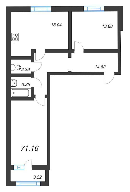 3-комнатная (Евро) квартира, 71.16 м² - планировка, фото №1