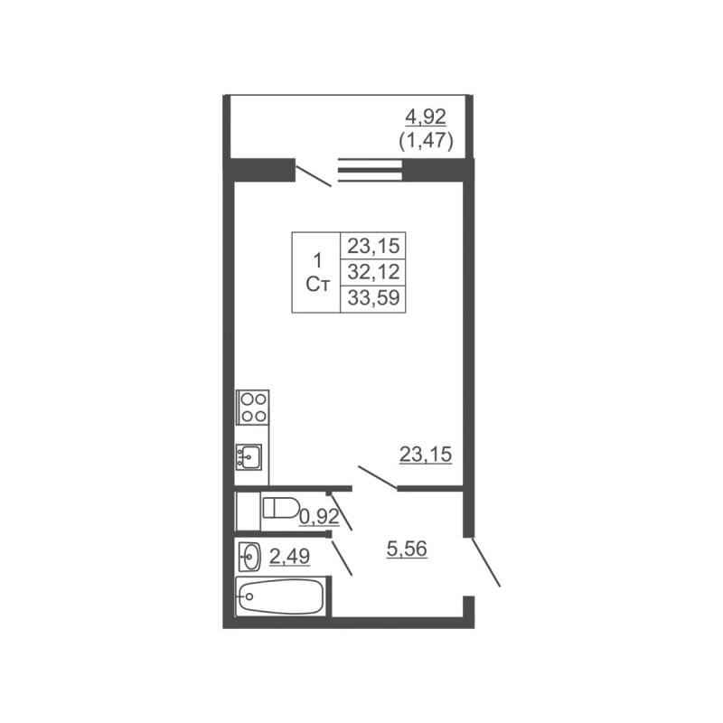 Квартира-студия, 33.59 м² в ЖК "Тандем" - планировка, фото №1