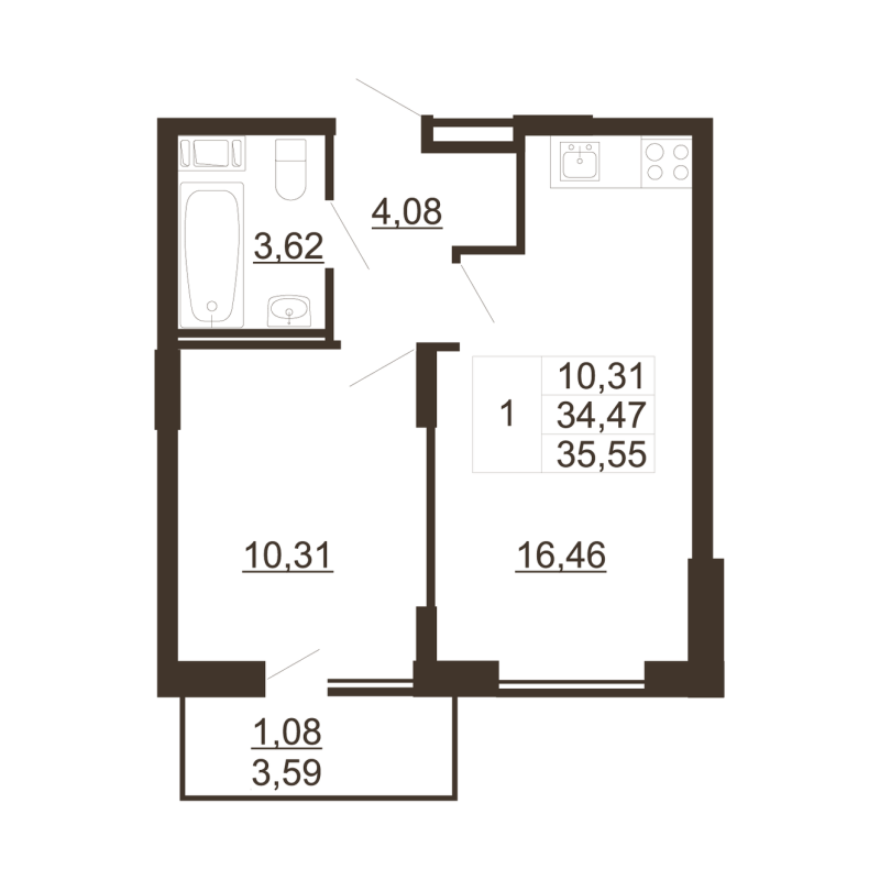 2-комнатная (Евро) квартира, 35.55 м² в ЖК "Рубеж" - планировка, фото №1