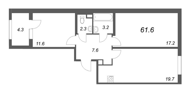 3-комнатная (Евро) квартира, 61.6 м² - планировка, фото №1