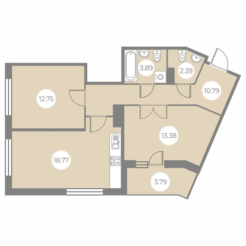 3-комнатная (Евро) квартира, 63.87 м² - планировка, фото №1