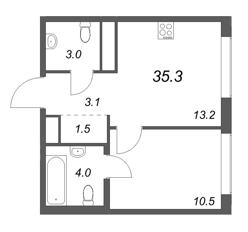 1-комнатная квартира, 35.3 м² в ЖК "Гений" - планировка, фото №1