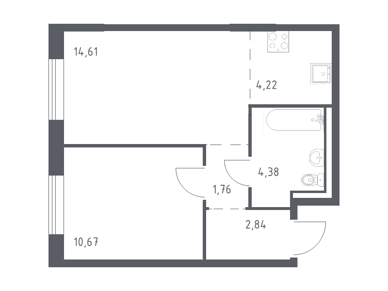 2-комнатная (Евро) квартира, 38.48 м² - планировка, фото №1