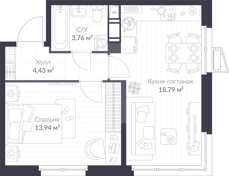 2-комнатная (Евро) квартира, 40.92 м² - планировка, фото №1