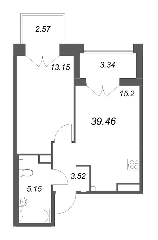 2-комнатная (Евро) квартира, 39.46 м² - планировка, фото №1