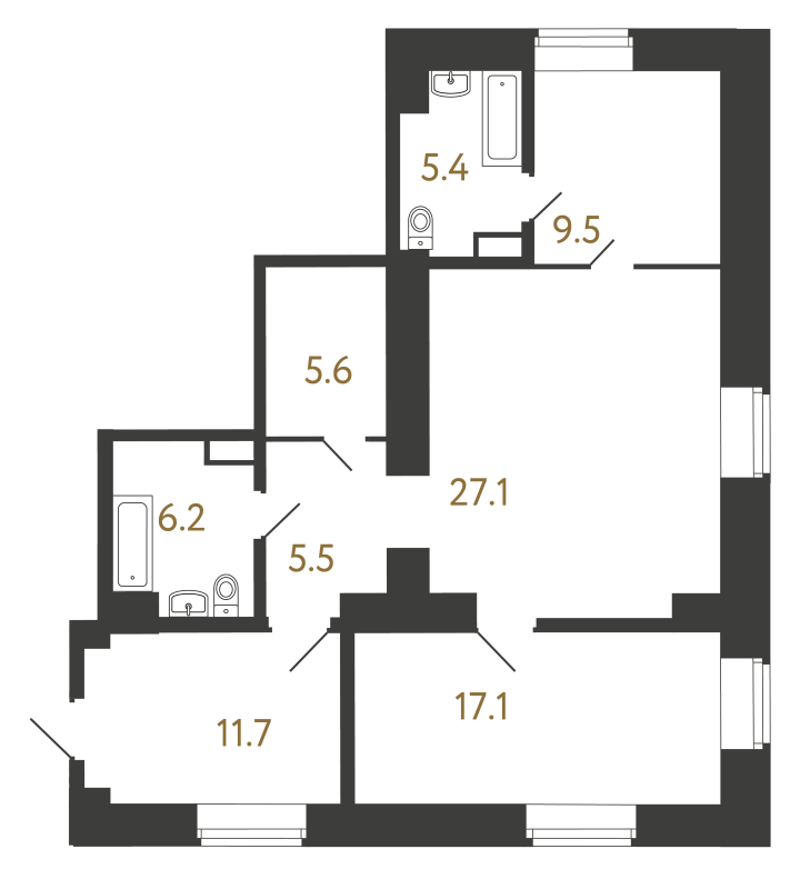 3-комнатная (Евро) квартира, 88.1 м² в ЖК "Типография" - планировка, фото №1