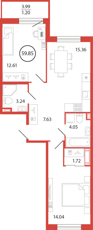 3-комнатная (Евро) квартира, 59.85 м² в ЖК "Энфилд" - планировка, фото №1