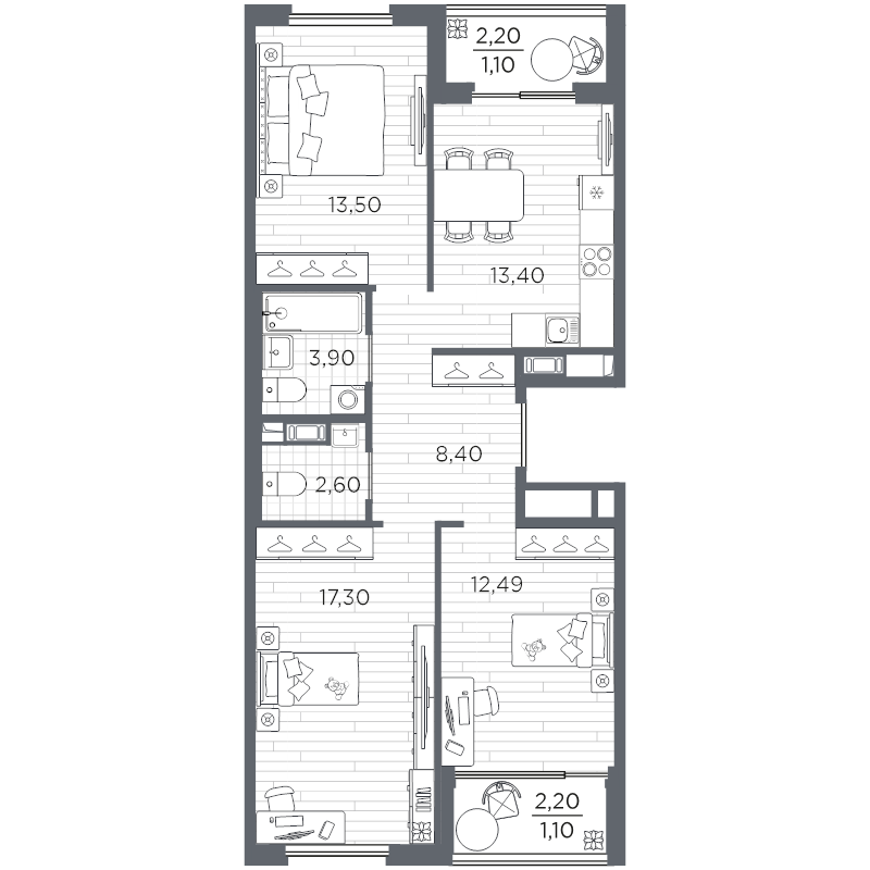 3-комнатная квартира, 73.79 м² в ЖК "Плюс Пулковский" - планировка, фото №1