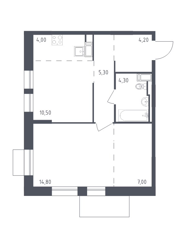 1-комнатная квартира, 50.1 м² - планировка, фото №1