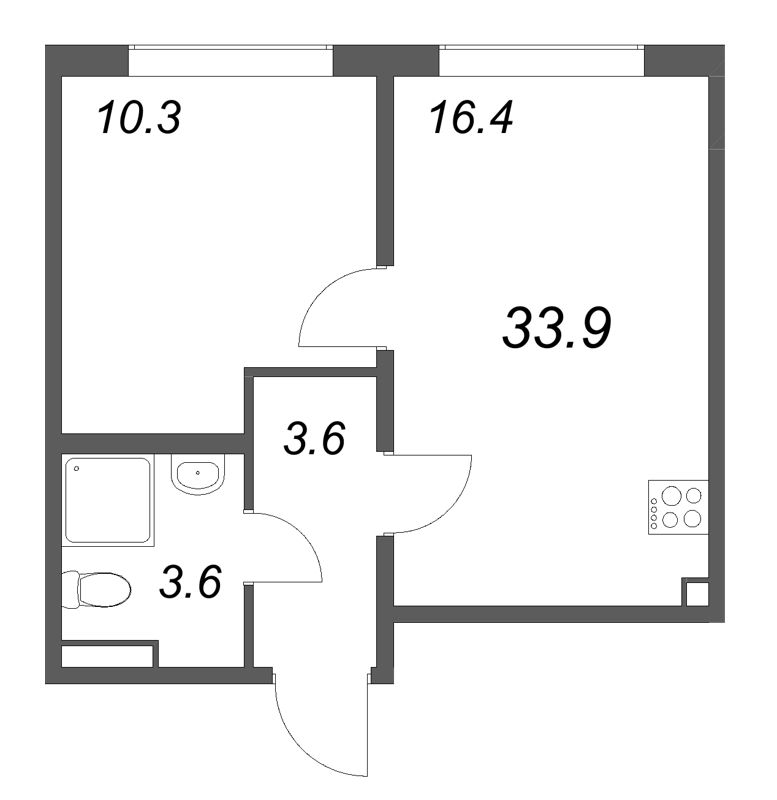 2-комнатная (Евро) квартира, 33.9 м² в ЖК "Пулково Лейк" - планировка, фото №1
