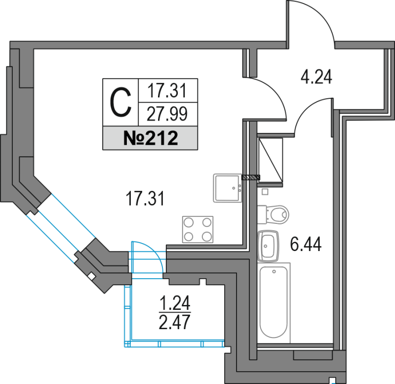 Квартира-студия, 27.99 м² - планировка, фото №1