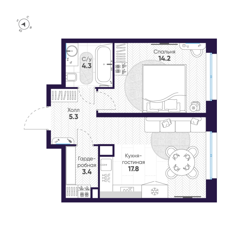 2-комнатная (Евро) квартира, 45 м² в ЖК "ЛДМ" - планировка, фото №1