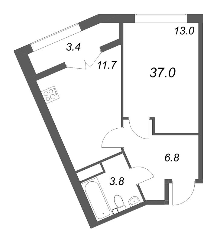 1-комнатная квартира, 37 м² в ЖК "Кронунг ЮГ" - планировка, фото №1