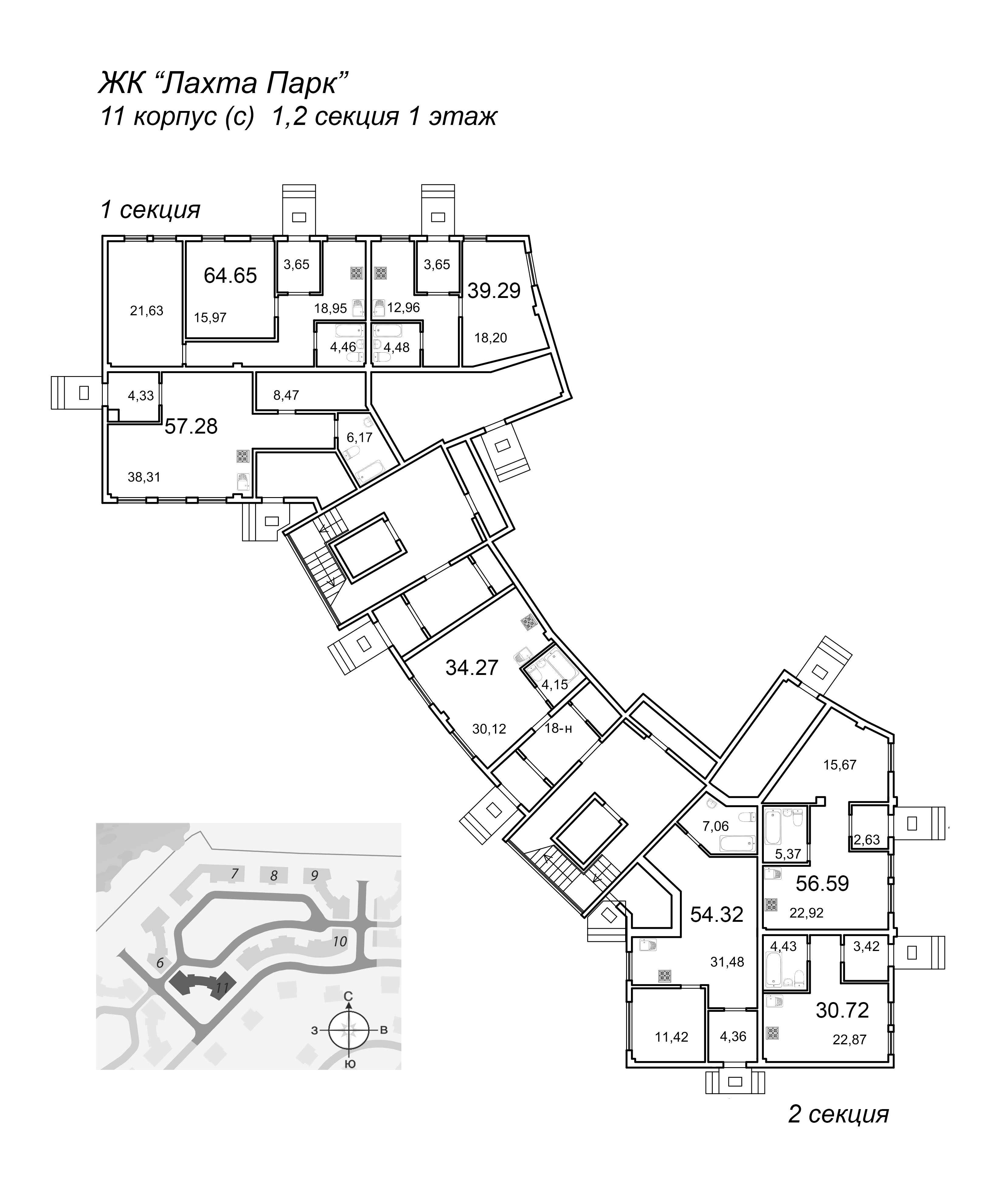 1-комнатная квартира, 54.3 м² - планировка этажа