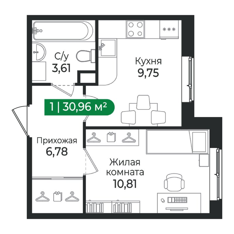 1-комнатная квартира, 30.96 м² в ЖК "Сертолово Парк" - планировка, фото №1