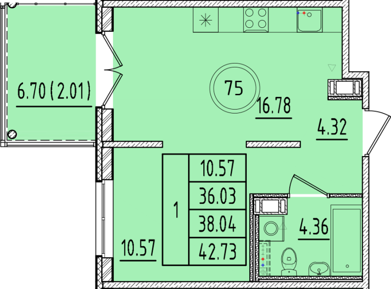 2-комнатная (Евро) квартира, 36.03 м² в ЖК "Образцовый квартал 17" - планировка, фото №1