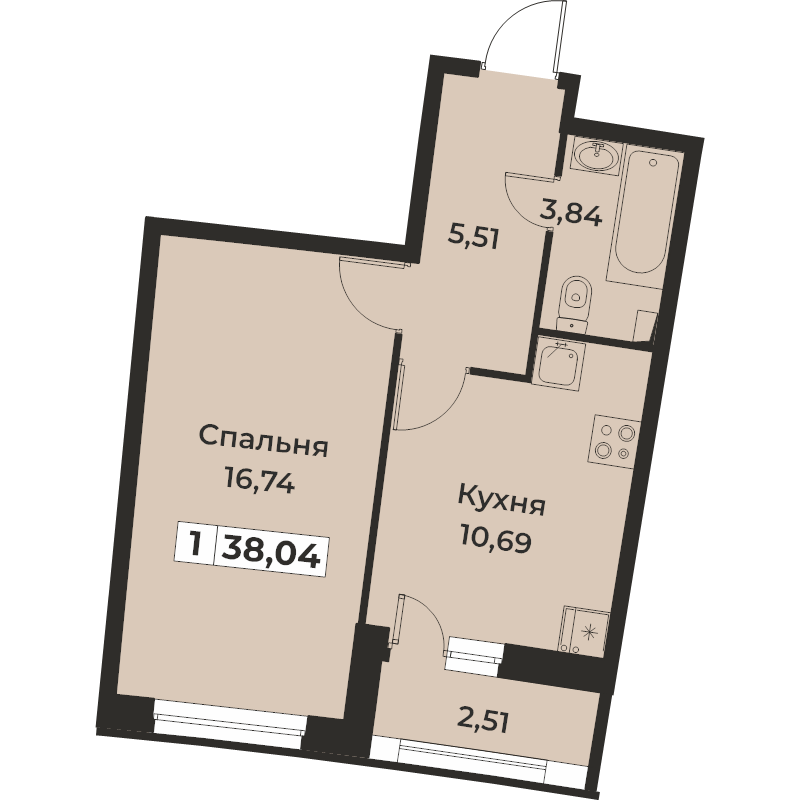 1-комнатная квартира, 38.04 м² - планировка, фото №1