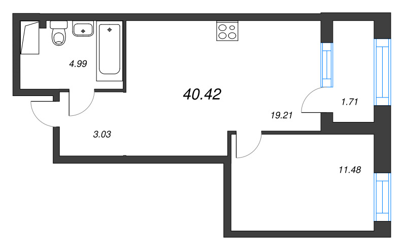 2-комнатная (Евро) квартира, 40.42 м² в ЖК "ОРО от Аквилон" - планировка, фото №1