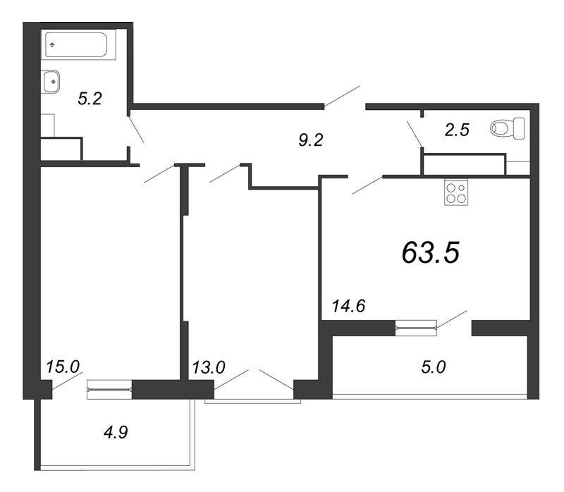 2-комнатная квартира, 65.5 м² в ЖК "Квартал Che" - планировка, фото №1