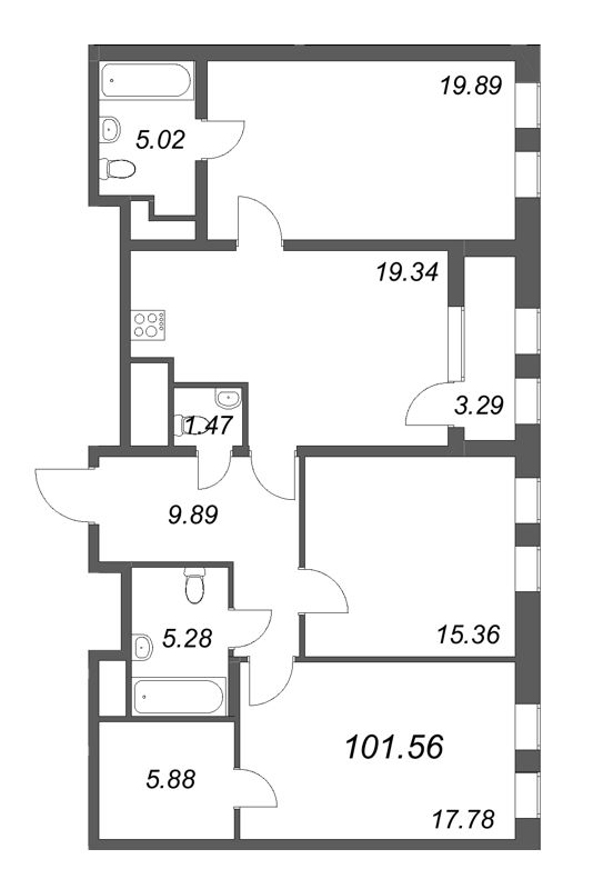 2-комнатная квартира, 101.56 м² - планировка, фото №1