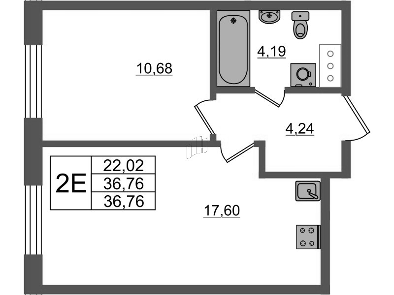 2-комнатная (Евро) квартира, 37.77 м² в ЖК "Аквилон Янино" - планировка, фото №1
