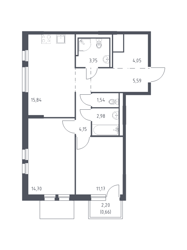 3-комнатная (Евро) квартира, 64.43 м² - планировка, фото №1